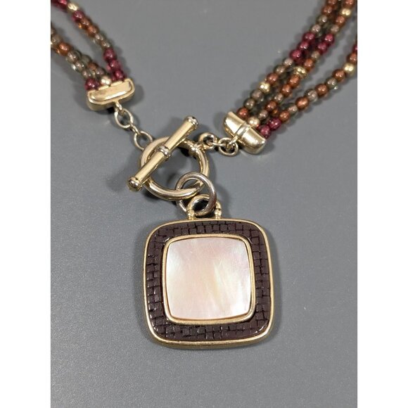 Monet MOP Shell Square Inlay Pendant Red Bead Toggle Necklace Boho 16 in - Picture 2 of 9